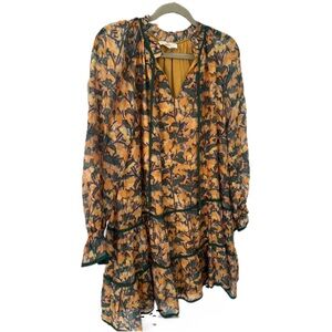 NWOT Entro Floral Shift Dress Medium Green Trim Flowy Sleeves Boutique Spring